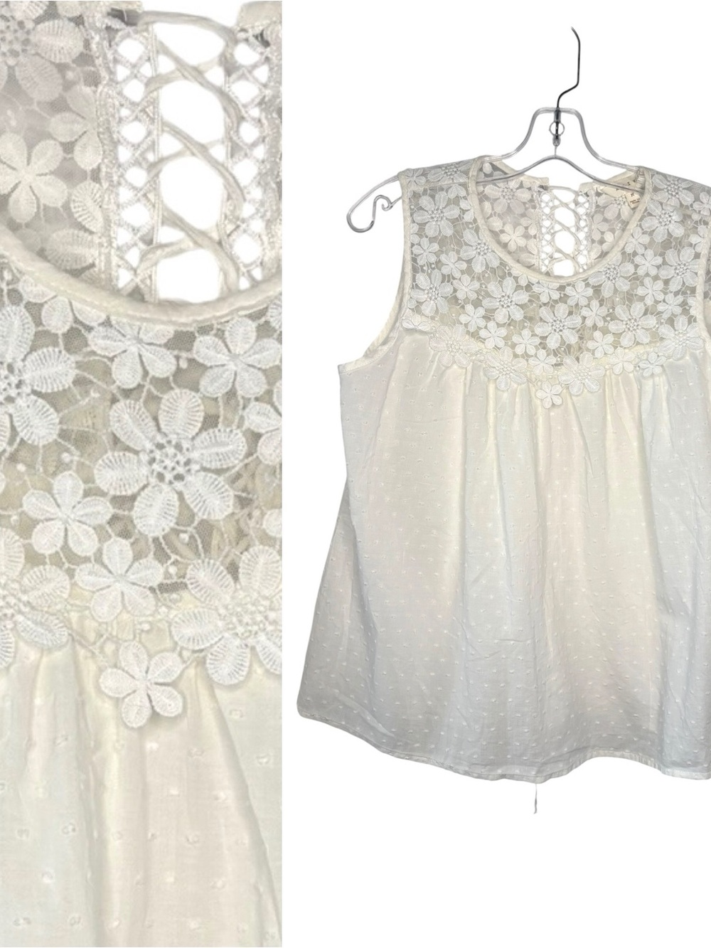 ADIVA Cotton Sleeveless cotton top with floral Lace Yoke and laced front Med